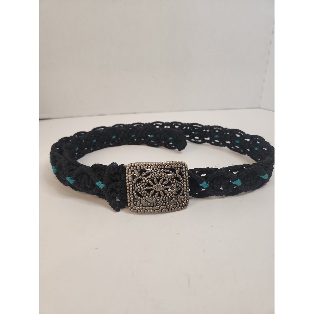 VTG 70s Black Macrame Belt Goldtone Medallion Buckle L Pls Read Below